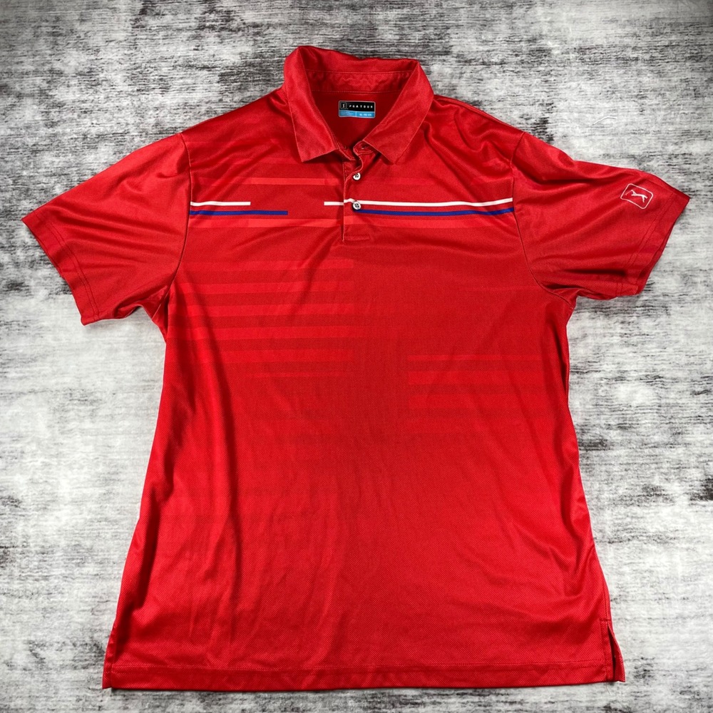 PGA Tour Mens XL Red Striped Short Sleeve Performance Golf Polo Shirt